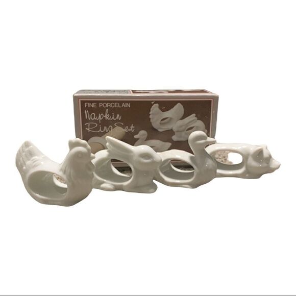 Farmhouse Napkin Rings White Porcelain Animals Pig Rabbit Hen Duck Japan Vintage - Picture 1 of 9